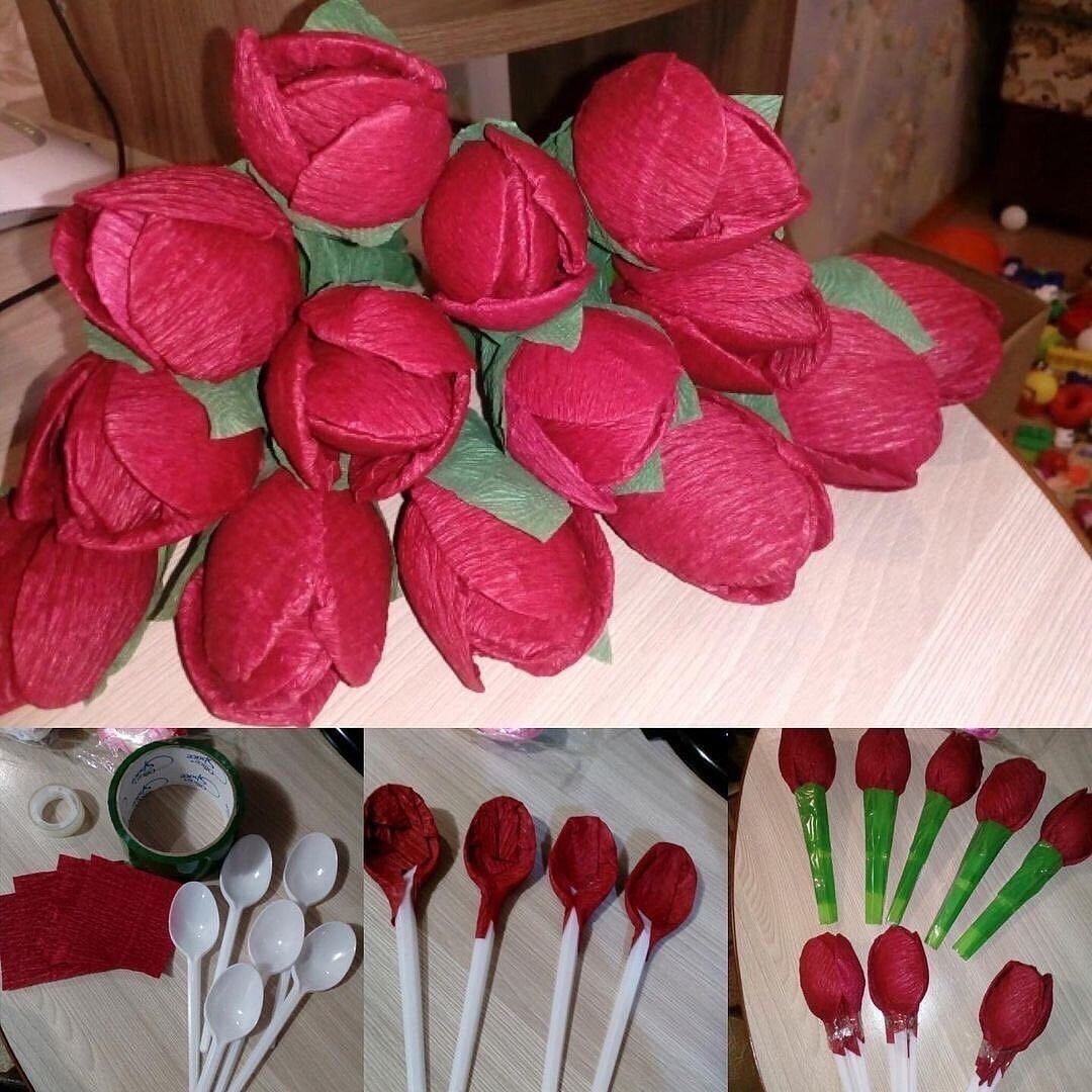 Тюльпаны из пластиковых ложек и гофрированной бумаги