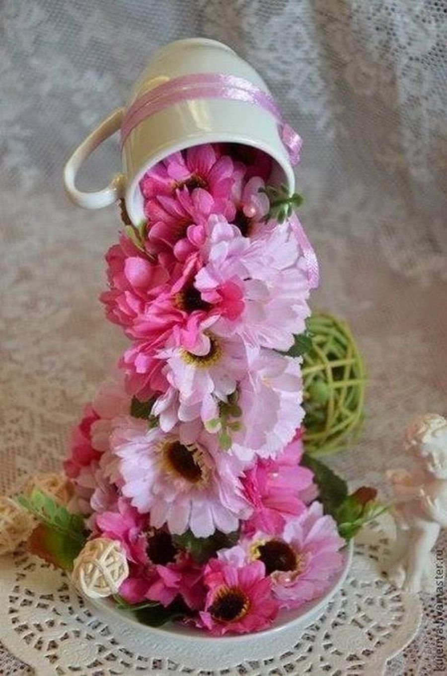 Цветочная композиция с чашкой и блюдцем