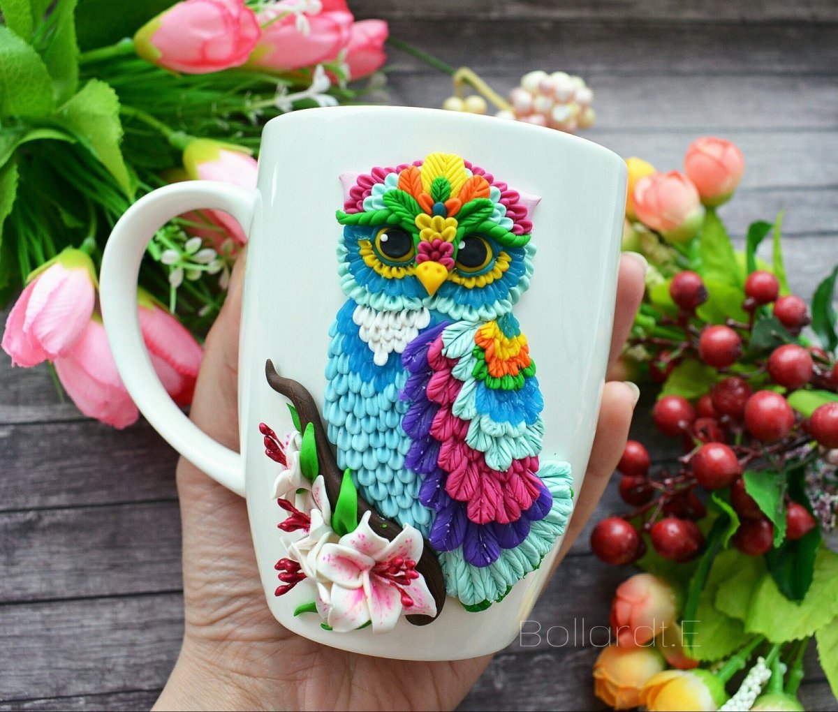Кружки с декором из полимерной глины Сова
