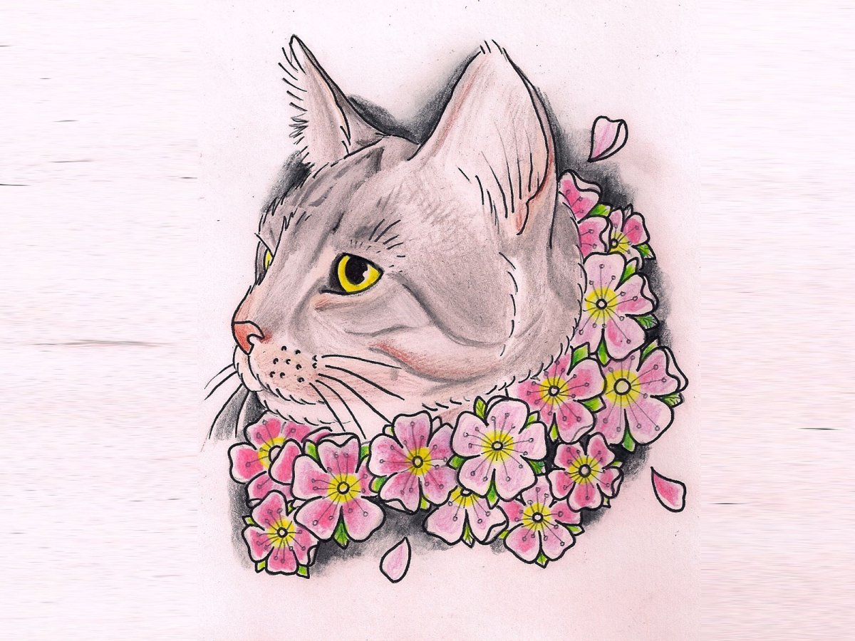 Кот в цветах эскиз
