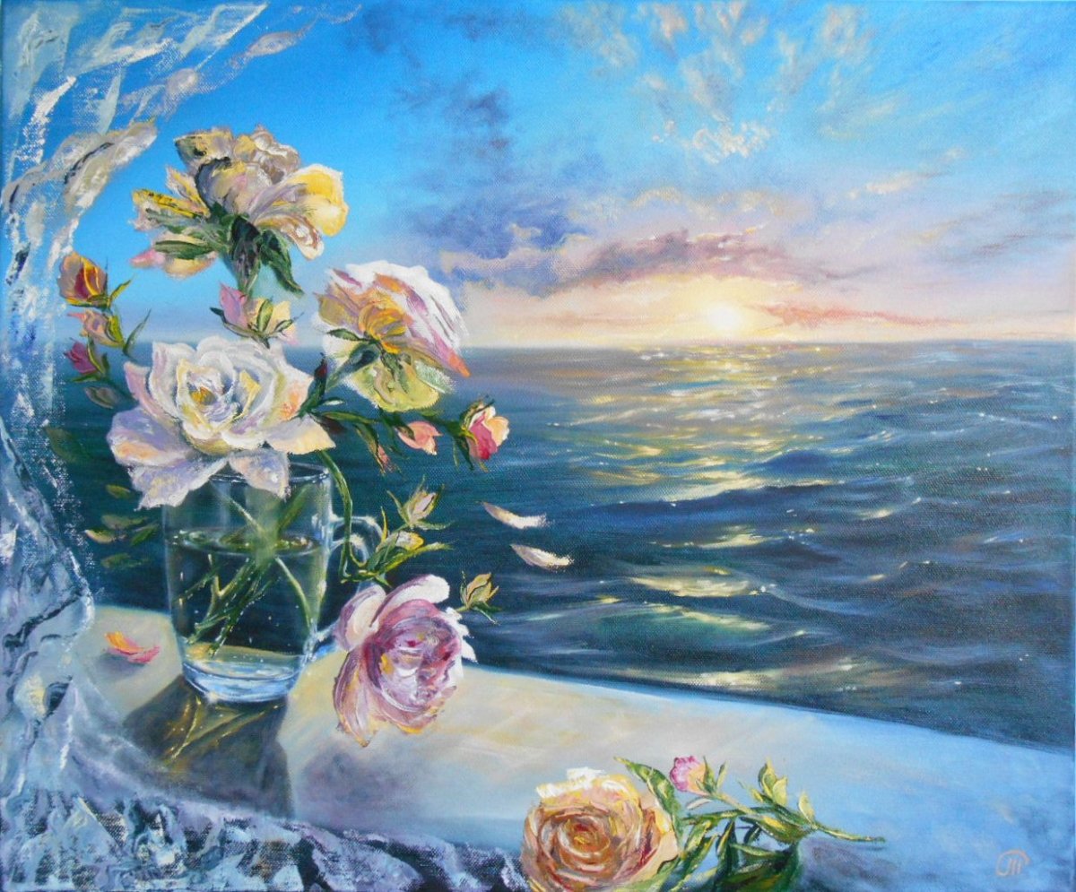 Цветы и море холст масло